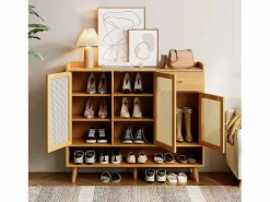 ModernLuxe Mueble para zapatos de ratán natural 120×35×106 cm - con 3 puertas y 1 cajón - panel de partículas - natural