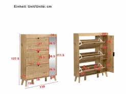 New Mueble para zapatos moderno 110×24×137,5 cm - con 3 puertas abatibles - con espejo - Patas de madera maciza - Natural Zapatero|Mueble De Almacenaje