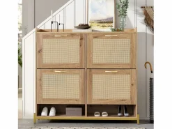 ModernLuxe Mueble para zapatos moderno - con puertas de ratán - 4 puertas - estructura metálica - color natural
