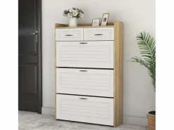 ModernLuxe Mueble para zapatos 80x23.5x125 cm - con tres grandes frontales abatibles - con 2 cajones - blanco + natural