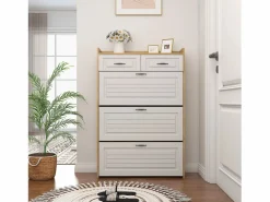 ModernLuxe Mueble para zapatos 80x23.5x125 cm - con tres grandes frontales abatibles - con 2 cajones - blanco + natural