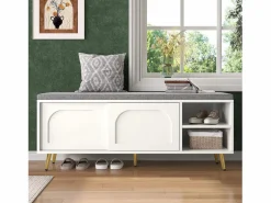 Hot ModernLuxe Mueble para zapatos 121x35x49cm - con cojín - puertas correderas y estantes abiertos - Blanco