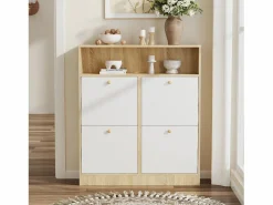 Discount Mueble para zapatos 90x24x104,5cm - con 4 puertas abatibles - con estantes abiertos - Blanco + Natural Zapatero|Mueble De Almacenaje