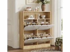 Discount Mueble para zapatos 90x24x104,5cm - con 4 puertas abatibles - con estantes abiertos - Blanco + Natural Zapatero|Mueble De Almacenaje