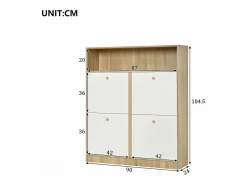 Discount Mueble para zapatos 90x24x104,5cm - con 4 puertas abatibles - con estantes abiertos - Blanco + Natural Zapatero|Mueble De Almacenaje