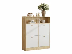 Discount Mueble para zapatos 90x24x104,5cm - con 4 puertas abatibles - con estantes abiertos - Blanco + Natural Zapatero|Mueble De Almacenaje