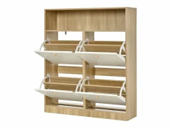Discount Mueble para zapatos 90x24x104,5cm - con 4 puertas abatibles - con estantes abiertos - Blanco + Natural Zapatero|Mueble De Almacenaje