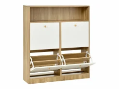 Discount Mueble para zapatos 90x24x104,5cm - con 4 puertas abatibles - con estantes abiertos - Blanco + Natural Zapatero|Mueble De Almacenaje