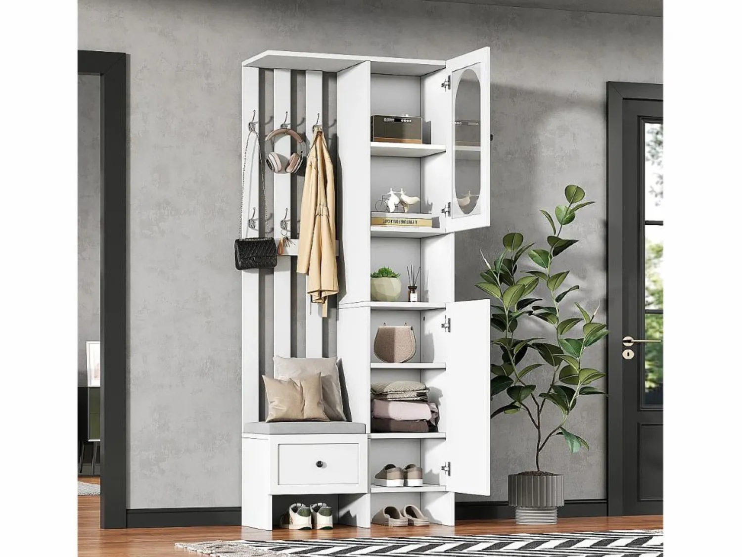 Discount Mueble recibidor compacto con 2 puertas, cristal templado y banco, tablero de partículas, (85x33,5x200cm) Blanco