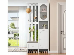 Discount Mueble recibidor compacto con 2 puertas, cristal templado y banco, tablero de partículas, (85x33,5x200cm) Blanco