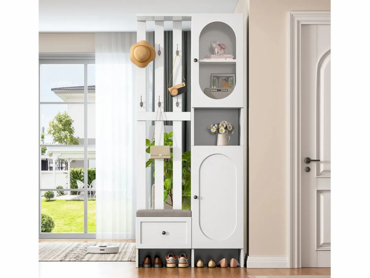 Discount Mueble recibidor compacto con 2 puertas, cristal templado y banco, tablero de partículas, (85x33,5x200cm) Blanco