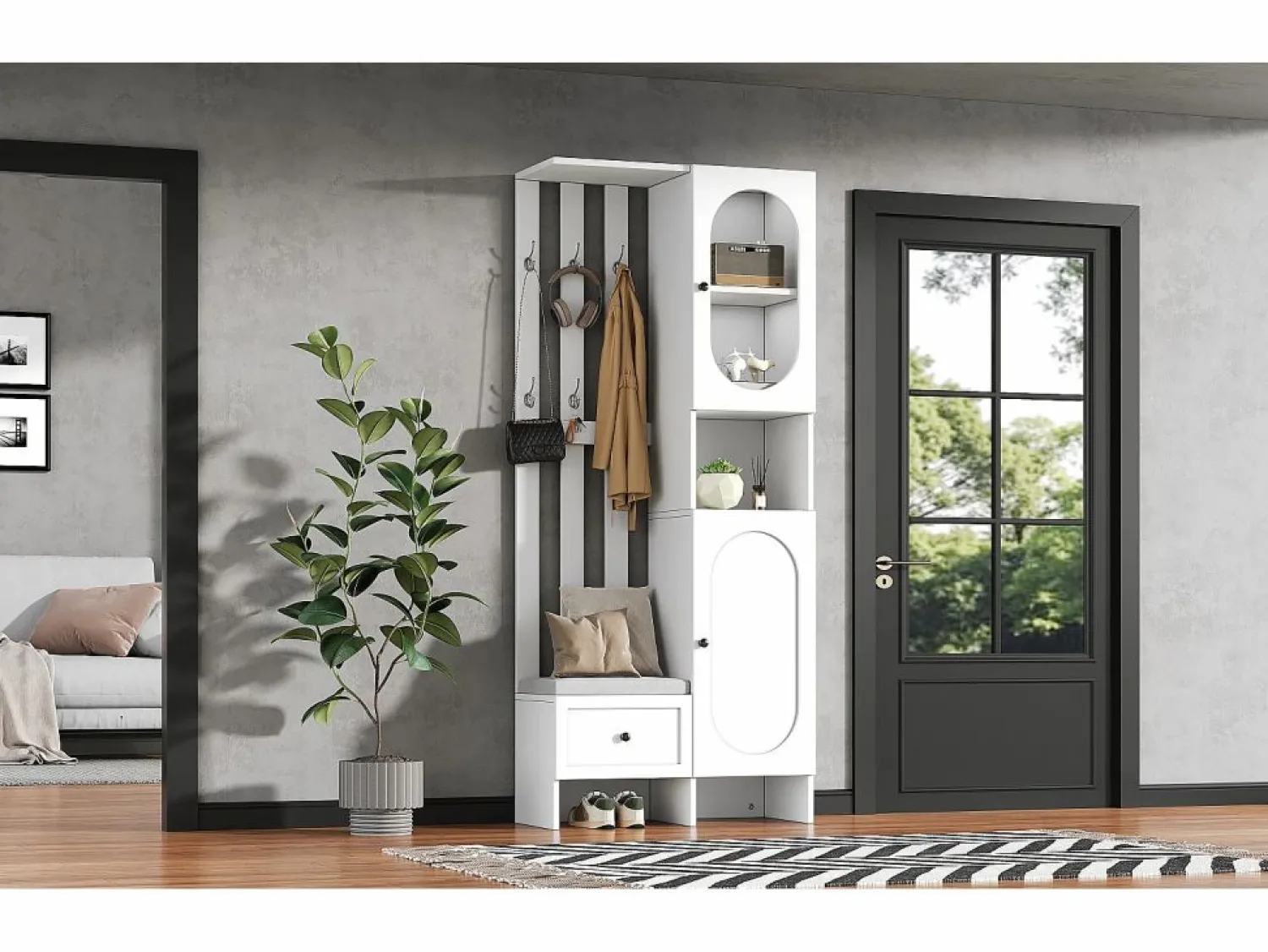 Discount Mueble recibidor compacto con 2 puertas, cristal templado y banco, tablero de partículas, (85x33,5x200cm) Blanco