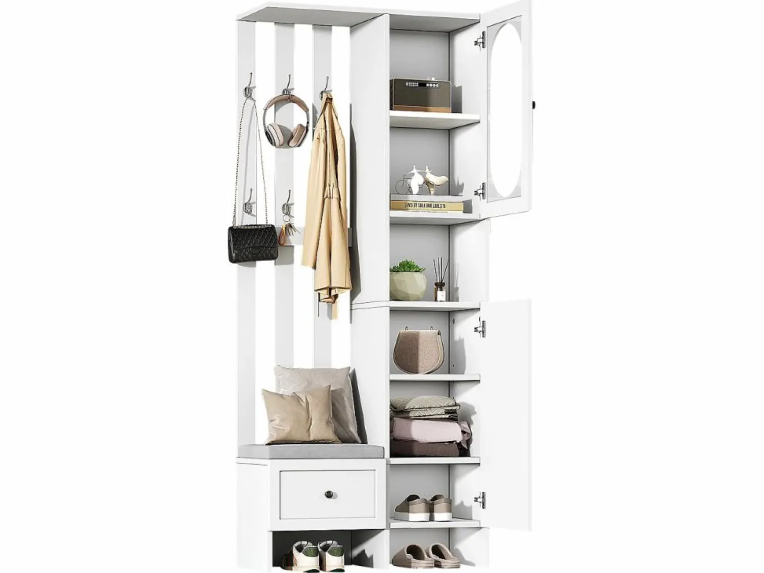 Discount Mueble recibidor compacto con 2 puertas, cristal templado y banco, tablero de partículas, (85x33,5x200cm) Blanco