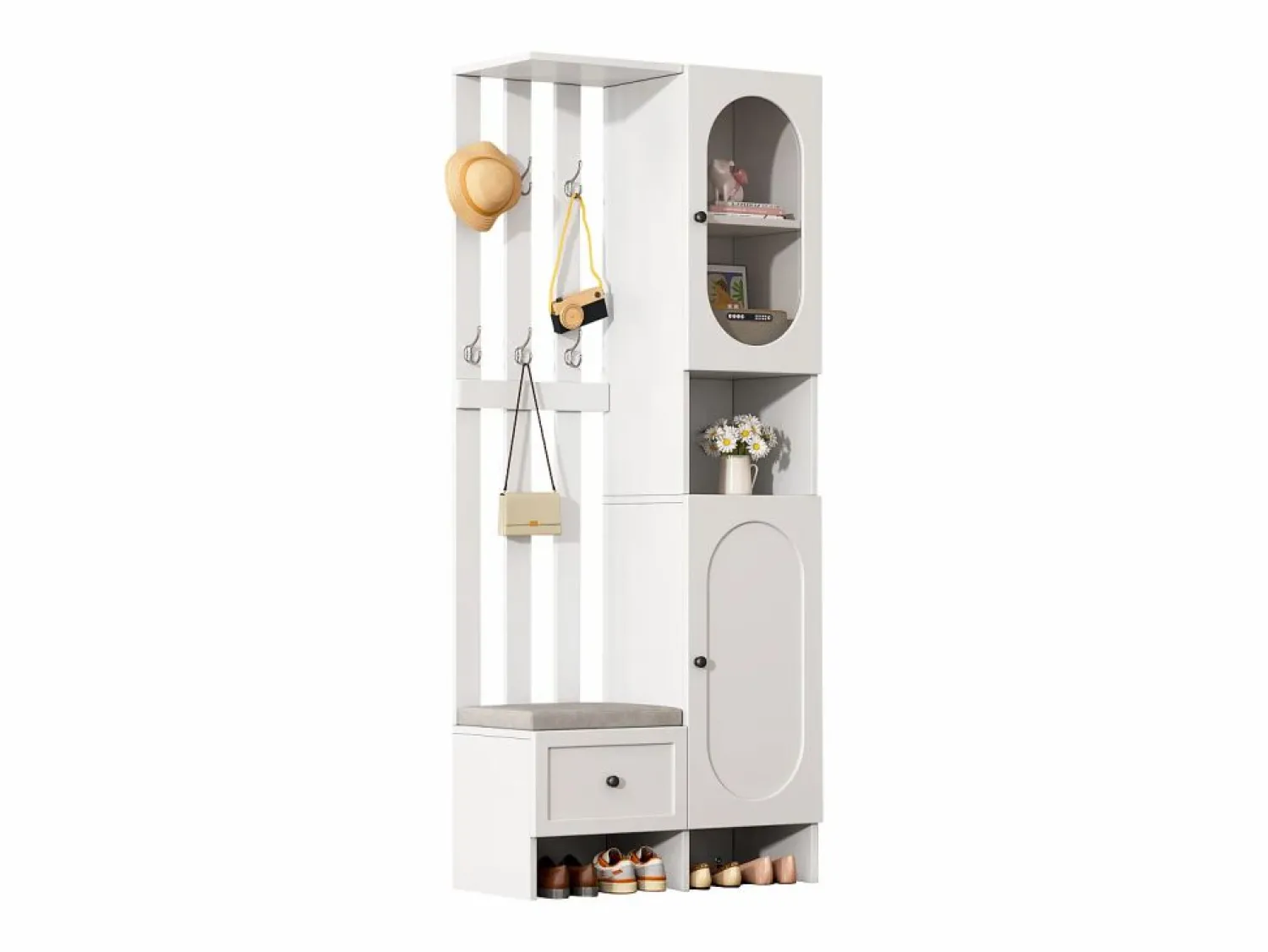 Discount Mueble recibidor compacto con 2 puertas, cristal templado y banco, tablero de partículas, (85x33,5x200cm) Blanco
