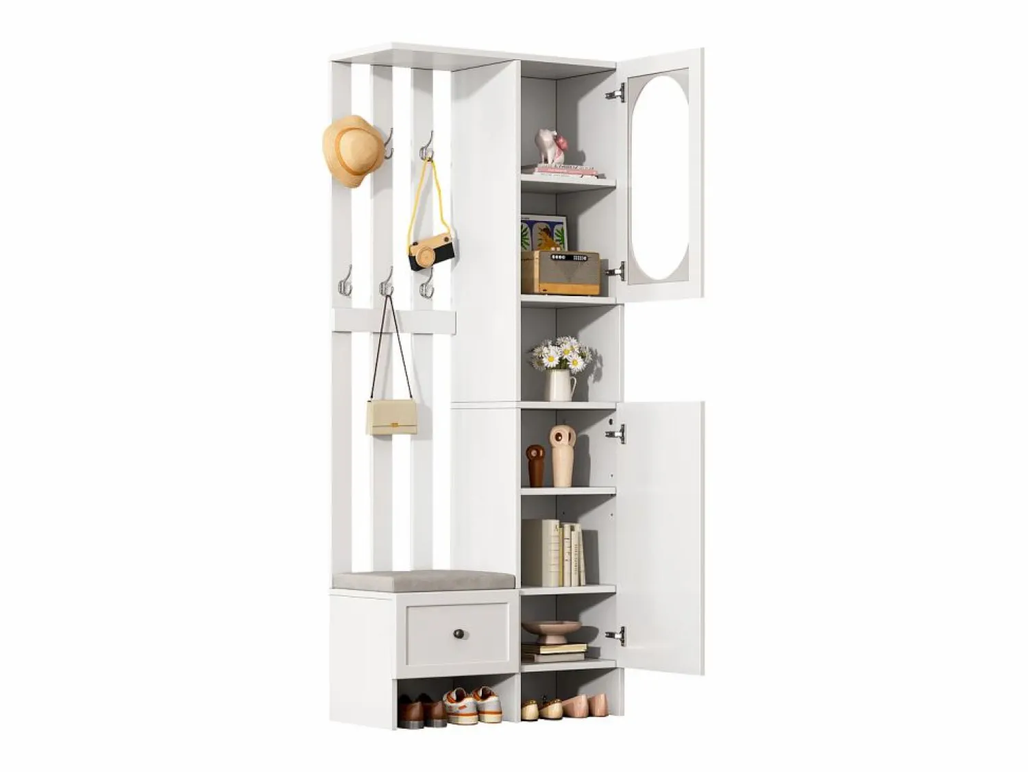 Discount Mueble recibidor compacto con 2 puertas, cristal templado y banco, tablero de partículas, (85x33,5x200cm) Blanco
