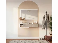 New Mueble recibidor con 1 cajón y espejo en blanco mate y cemento 95 cm Derek Blanco Artik (Blanco Mate) - Cemento Perchero