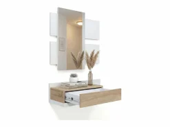 Best Mueble recibidor con 1 cajón y espejo en blanco mate y roble canadian 75 cm Milo Blanco Artik (Blanco Mate) - Roble Canadian Perchero