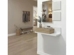 Best Mueble recibidor con 1 cajón y espejo en blanco mate y roble canadian 75 cm Milo Blanco Artik (Blanco Mate) - Roble Canadian Perchero
