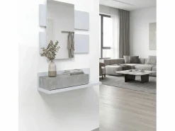 Clearance duehome Mueble recibidor con 1 cajón y espejo en blanco mate y cemento 75 cm Milo Blanco Artik (Blanco Mate) - Cemento Gris