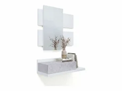 Clearance duehome Mueble recibidor con 1 cajón y espejo en blanco mate y cemento 75 cm Milo Blanco Artik (Blanco Mate) - Cemento Gris
