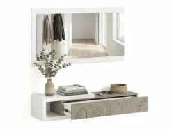 New duehome Mueble recibidor con 1 cajón y espejo en blanco mate y roble alaska 95 cm Derek Blanco Artik (Blanco Mate) – Roble Alaska Gris