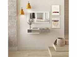 New duehome Mueble recibidor con 1 cajón y espejo en blanco mate y roble alaska 95 cm Derek Blanco Artik (Blanco Mate) – Roble Alaska Gris