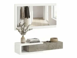 New duehome Mueble recibidor con 1 cajón y espejo en blanco mate y roble alaska 95 cm Derek Blanco Artik (Blanco Mate) – Roble Alaska Gris