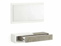 New duehome Mueble recibidor con 1 cajón y espejo en blanco mate y roble alaska 95 cm Derek Blanco Artik (Blanco Mate) – Roble Alaska Gris