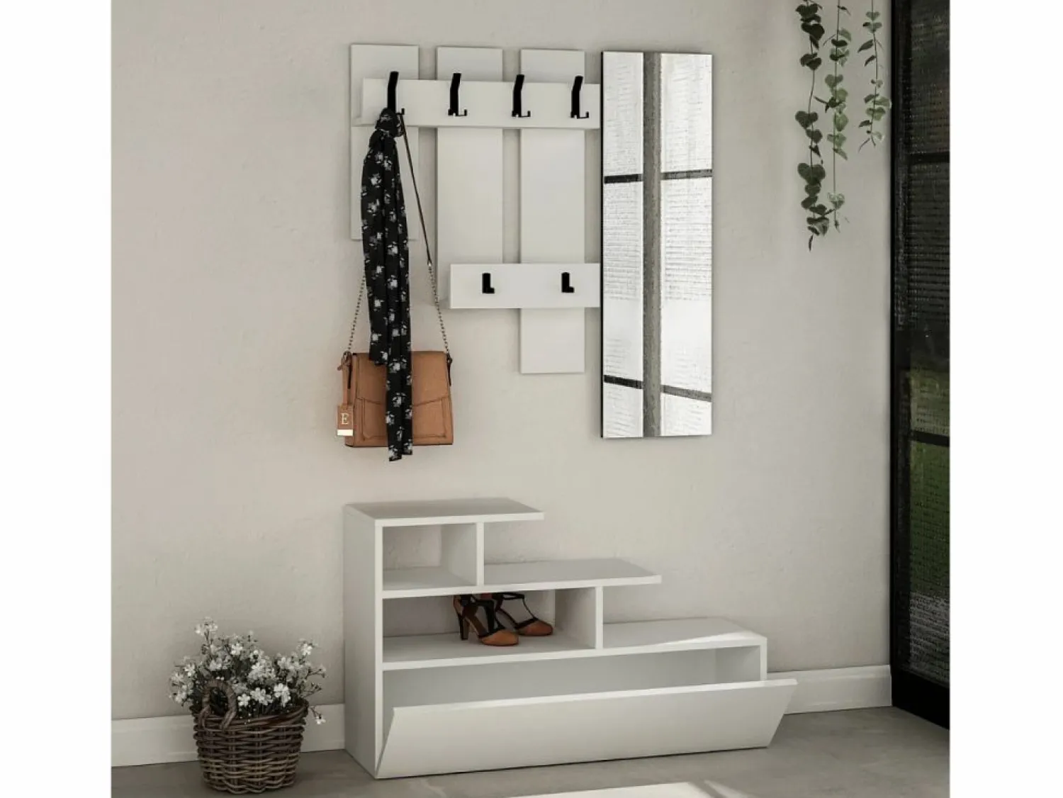 Clearance Mueble recibidor efecto madera con perchero, almacenaje y espejo MESTY Armario De Entrada