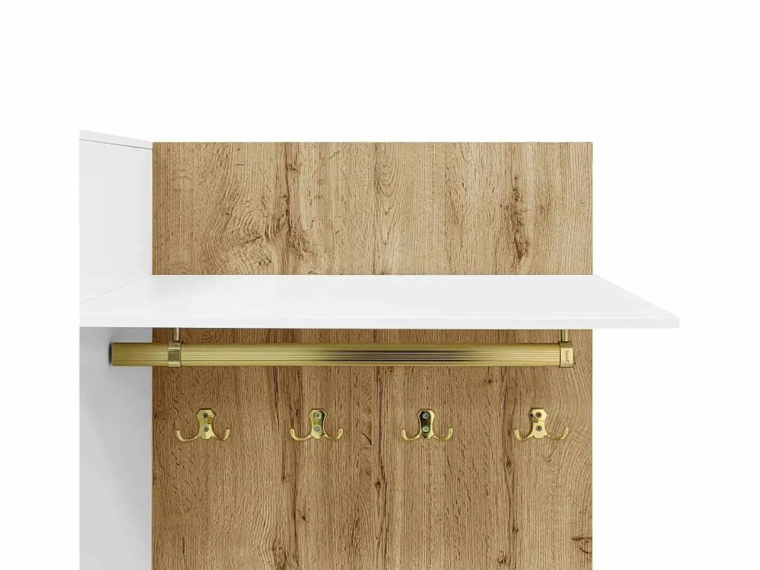 Outlet Mueble recibidor Espejo integrado y banco 110x38x190cm Puertas efecto ratán MDF y tablero de partículas y efecto madera ganchos dorados iluminación LED Armario De Entrada