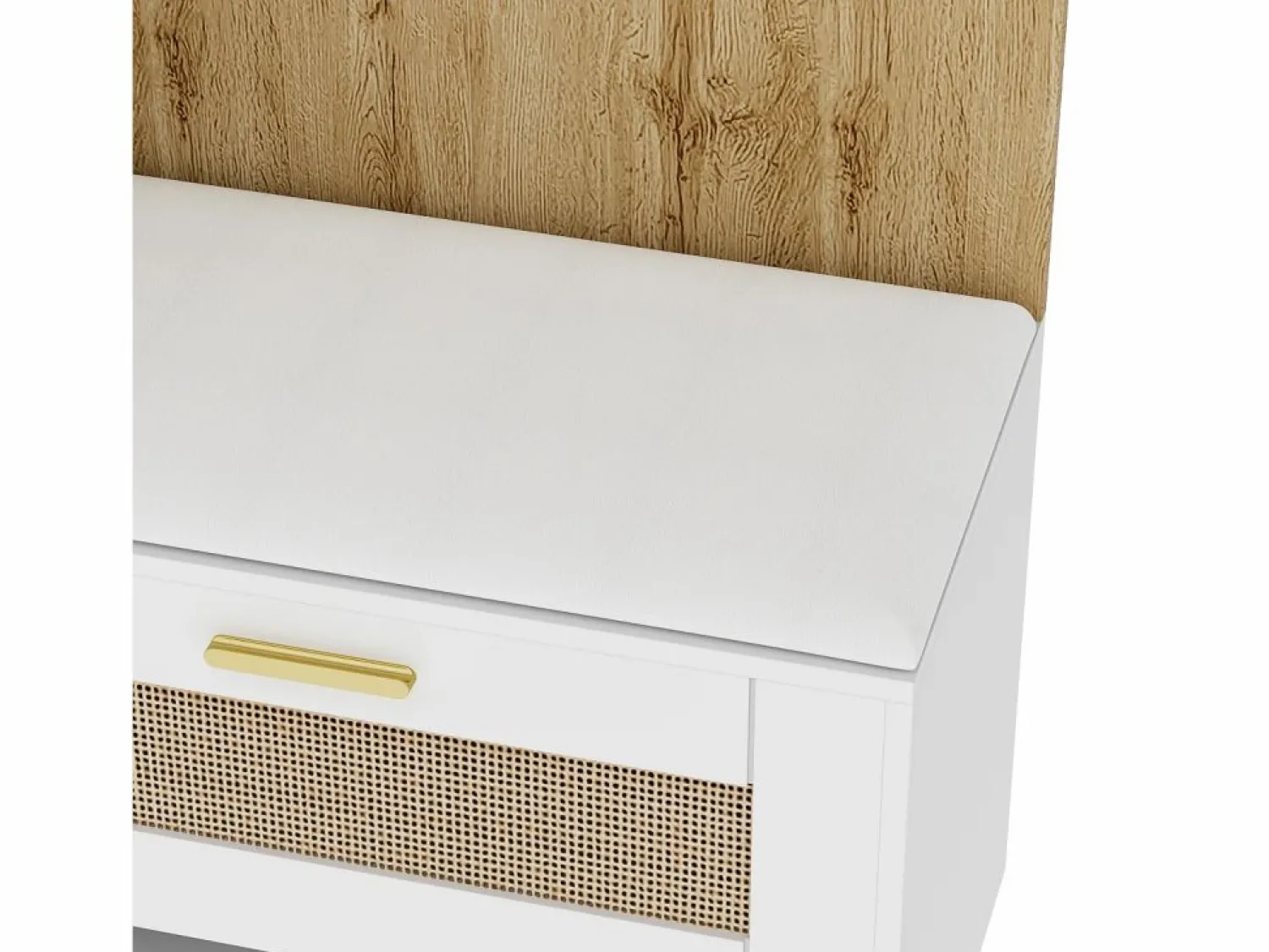 Outlet Mueble recibidor Espejo integrado y banco 110x38x190cm Puertas efecto ratán MDF y tablero de partículas y efecto madera ganchos dorados iluminación LED Armario De Entrada