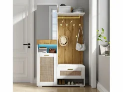 Outlet Mueble recibidor Espejo integrado y banco 110x38x190cm Puertas efecto ratán MDF y tablero de partículas y efecto madera ganchos dorados iluminación LED Armario De Entrada