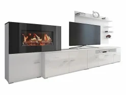 Skraut Home Mueble salón comedor con chimenea eléctrica, acabado Mate/ Brillo Lacado, 290x45x170cm Blanco