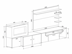 Skraut Home Mueble salón comedor con chimenea eléctrica, acabado Mate/ Brillo Lacado, 290x45x170cm Blanco