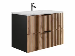 Best Vente-unique Mueble suspendido estriado con lavabo encastrado, natural claro y negro, 80 cm, MADELA Negro / Color natural claro