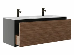 Vente-unique Mueble suspendido estriado con lavabo y grifo - Natural oscuro y negro - 120 cm - BANIVA