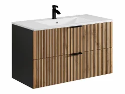 Outlet Vente-unique Mueble suspendido estriado con lavabo encastrado, natural claro y negro, 100 cm, MADELA Negro / Color natural claro
