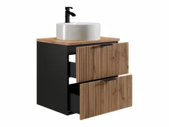 Outlet Vente-unique Mueble suspendido estriado con lavabo sobre encimera redondo, natural claro y negro, 60 cm, MADELA Negro / Color natural claro