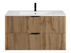 Vente-unique Mueble suspendido estriado y lavabo encastrado + columna efecto madera y negro, 100 cm, MADELA