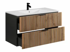 Vente-unique Mueble suspendido estriado y lavabo encastrado + columna efecto madera y negro, 100 cm, MADELA