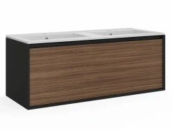 Best Mueble suspendido estriado con lavabo encastrado - Natural oscuro y negro - 120 cm - BANIVA Mueble De Baño Con Doble Lavabo