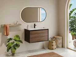 New Vente-unique Mueble suspendido rayado con lavabo encastrado - Natural oscuro y negro - 80 cm - BANIVA Negro / Color natural oscuro