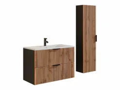 Online Mueble suspendido y lavabo encastrado + columna natural claro y negro, 60 cm, MADELA Conjunto De Baño