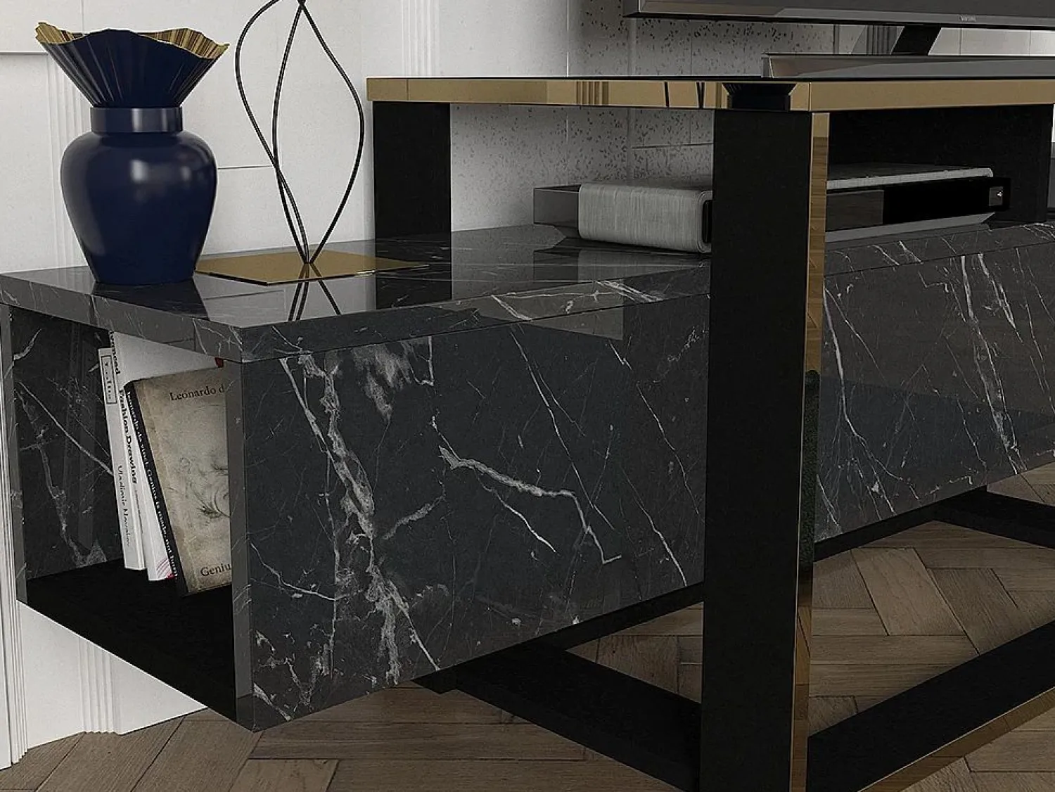 Vente-unique Mueble TV - 2 estantes - Efecto mármol y dorado - COMEBI