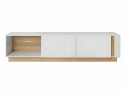Outlet Vente-unique Mueble TV - 2 puertas y 2 estantes - Con LEDs - Blanco brillante y roble - MURARI Color natural claro / Blanco