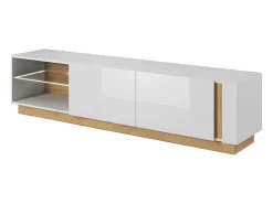 Outlet Vente-unique Mueble TV - 2 puertas y 2 estantes - Con LEDs - Blanco brillante y roble - MURARI Color natural claro / Blanco