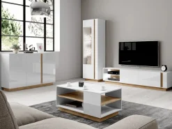 Outlet Vente-unique Mueble TV - 2 puertas y 2 estantes - Con LEDs - Blanco brillante y roble - MURARI Color natural claro / Blanco