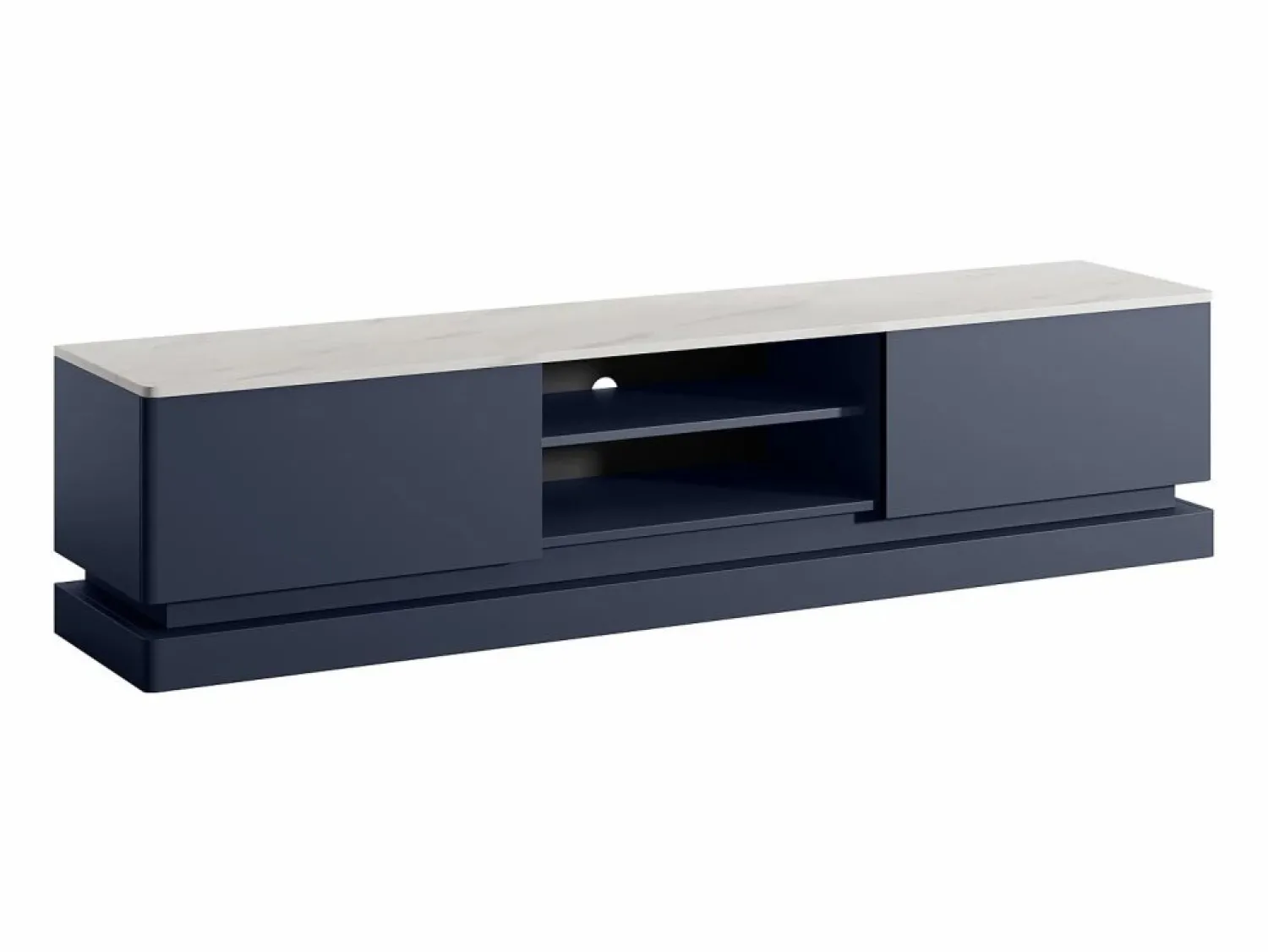 Vente-unique Mueble TV 2 cajones y 2 estantes con LEDs de MDF - Azul y efecto mármol blanco - DEVIKA