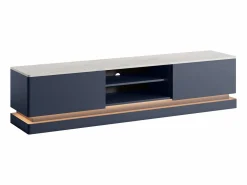 Vente-unique Mueble TV 2 cajones y 2 estantes con LEDs de MDF - Azul y efecto mármol blanco - DEVIKA