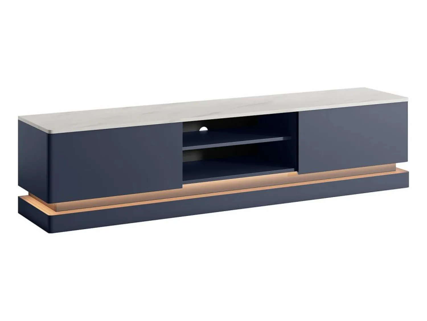 Vente-unique Mueble TV 2 cajones y 2 estantes con LEDs de MDF - Azul y efecto mármol blanco - DEVIKA